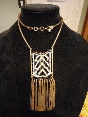 Lucky Brand Necklace Long Beaded Fringe Chest Plate Gold Black White Boho